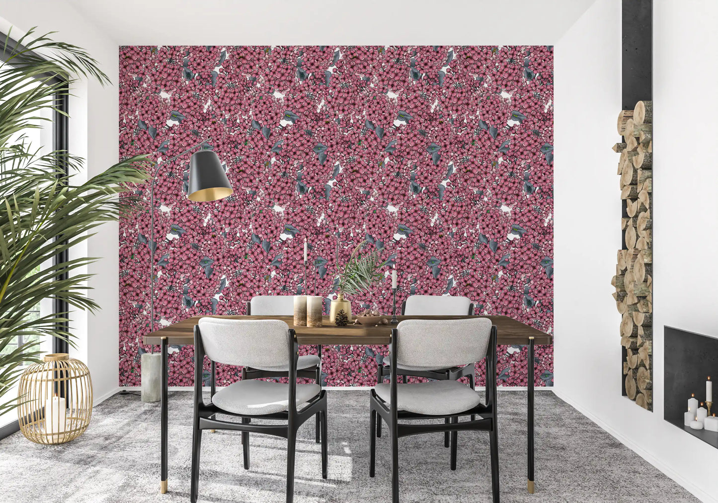 Intricate lilac floral wallpaper in shades of pink and grey for a dining room wall.