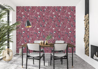 Intricate lilac floral wallpaper in shades of pink and grey for a dining room wall.