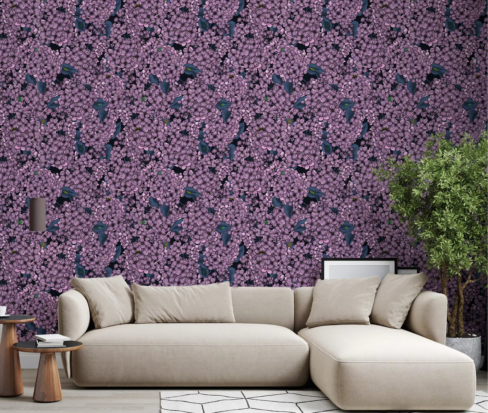 Violet floral wallpaper for a living room with dark teal foliage and insects., GD9828