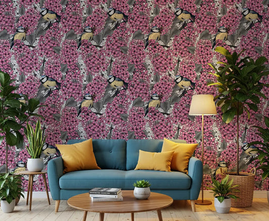 Birds in pink lilac garden Wallpaper with blue tits and pink flowers for hallway.