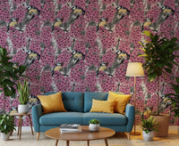 Birds in pink lilac garden Wallpaper with blue tits and pink flowers for hallway.