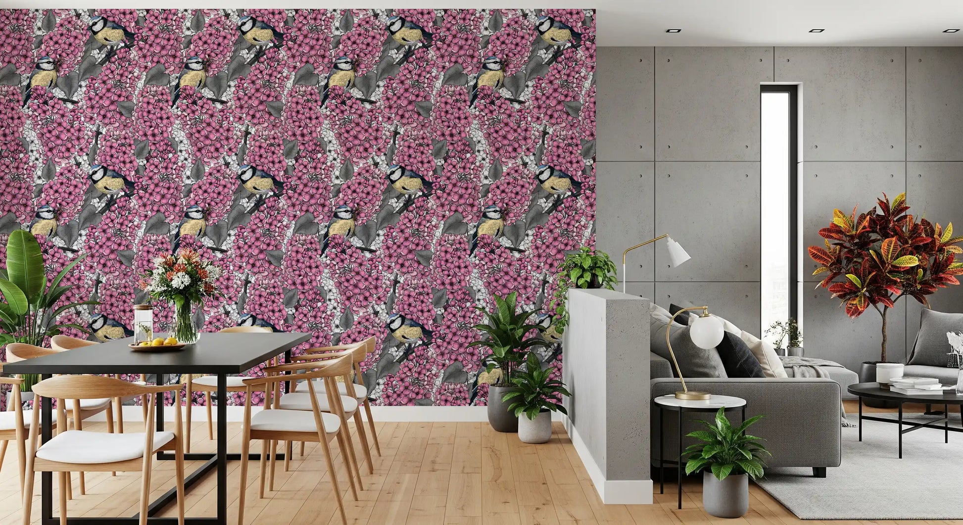 Birds in pink lilac garden Wallpaper in a modern dining area.