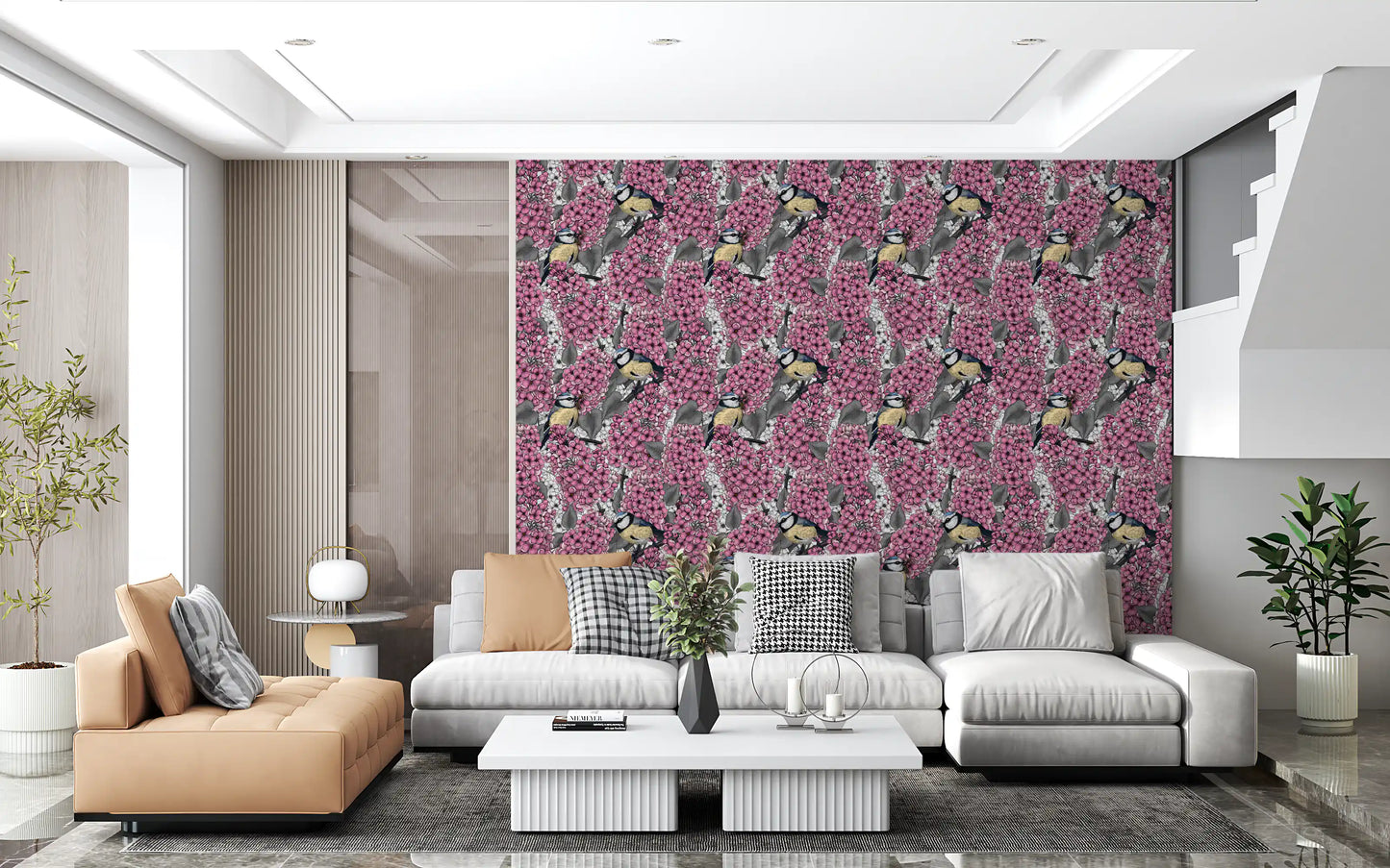 Lilac garden wallpaper used as a backdrop for a contemporary hallway.