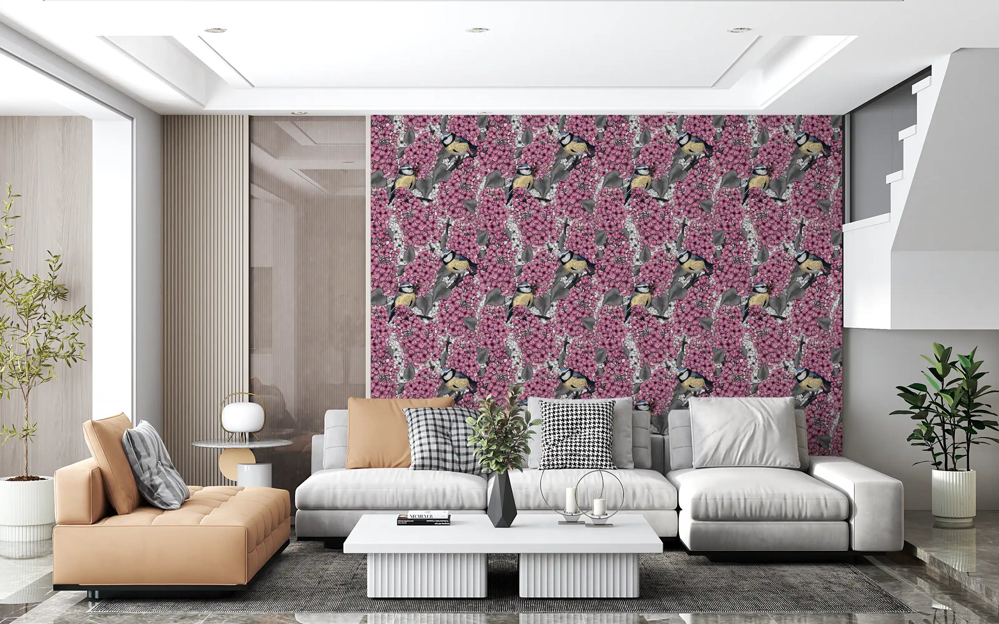 Lilac garden wallpaper used as a backdrop for a contemporary hallway.