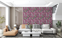 Lilac garden wallpaper used as a backdrop for a contemporary hallway.
