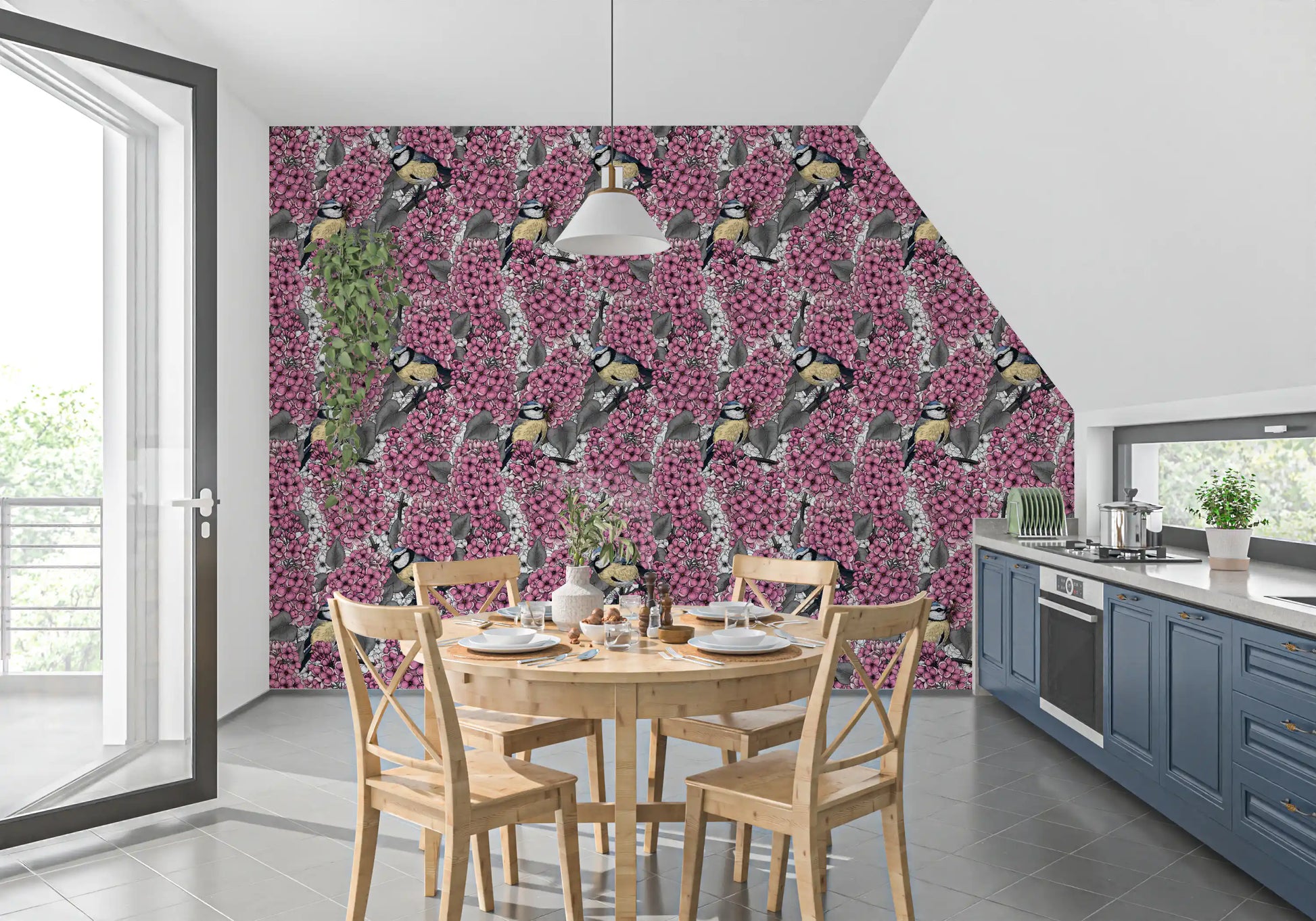 Wallpaper showing yellow and blue birds perched on pink lilac branches.