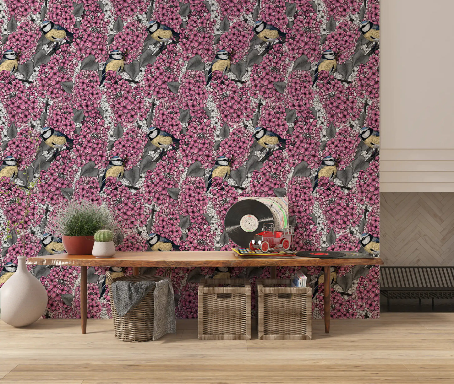 Detailed garden wallpaper with small blue and yellow birds.