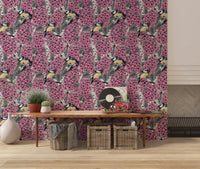 Detailed garden wallpaper with small blue and yellow birds.