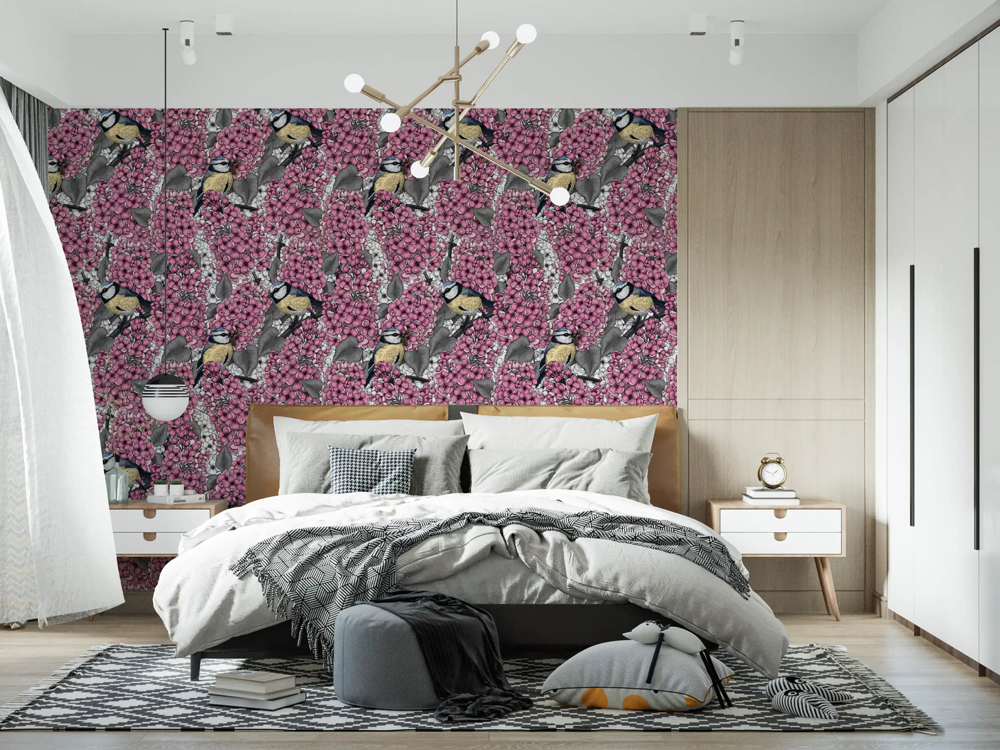 Pink lilac flower wallpaper with hand-drawn birds for master bedroom.