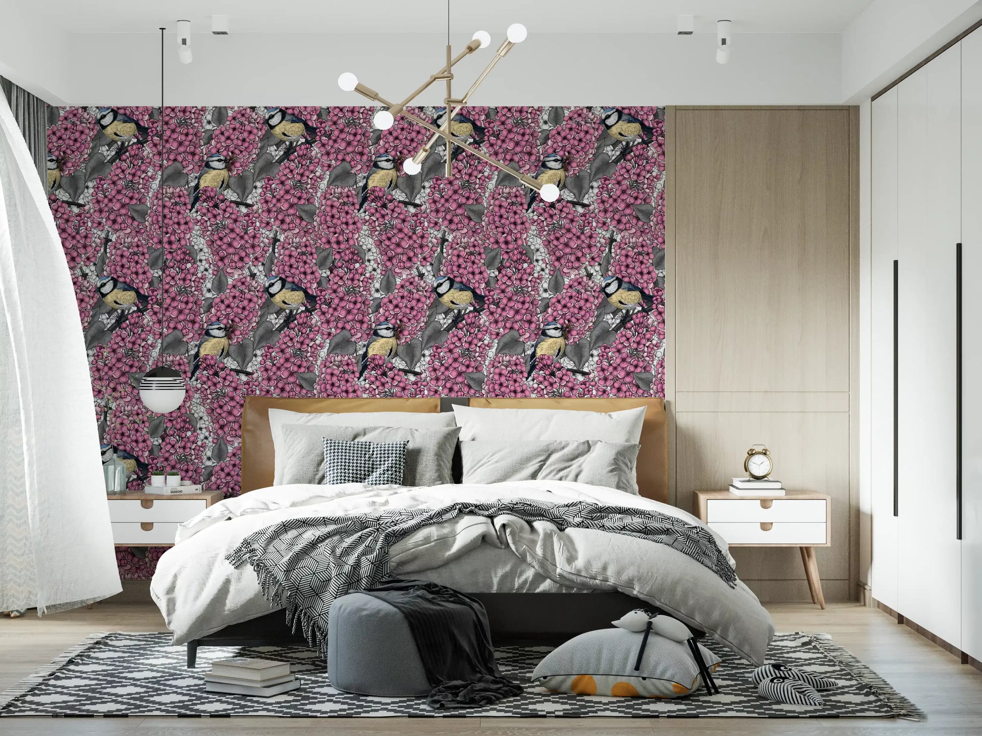 Pink lilac flower wallpaper with hand-drawn birds for master bedroom.
