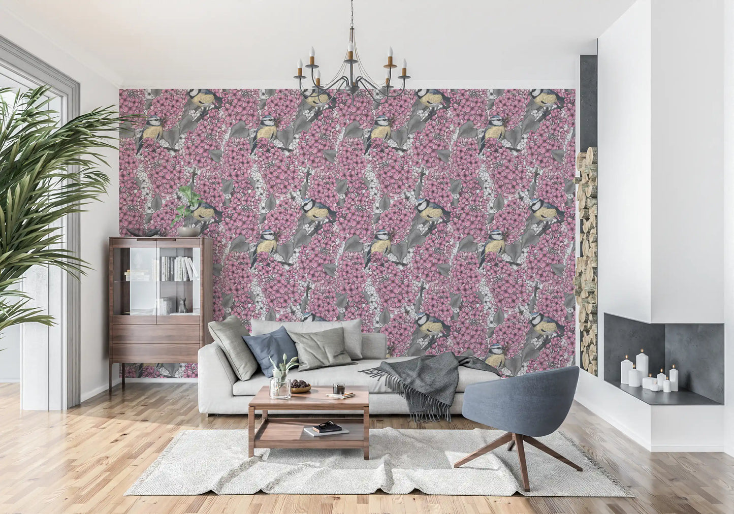 Birds in pink lilac garden Wallpaper for a living room feature wall.