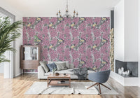 Birds in pink lilac garden Wallpaper for a living room feature wall.