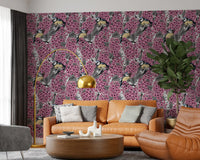 Floral wallpaper featuring pink lilac clusters and grey leaves for living room.