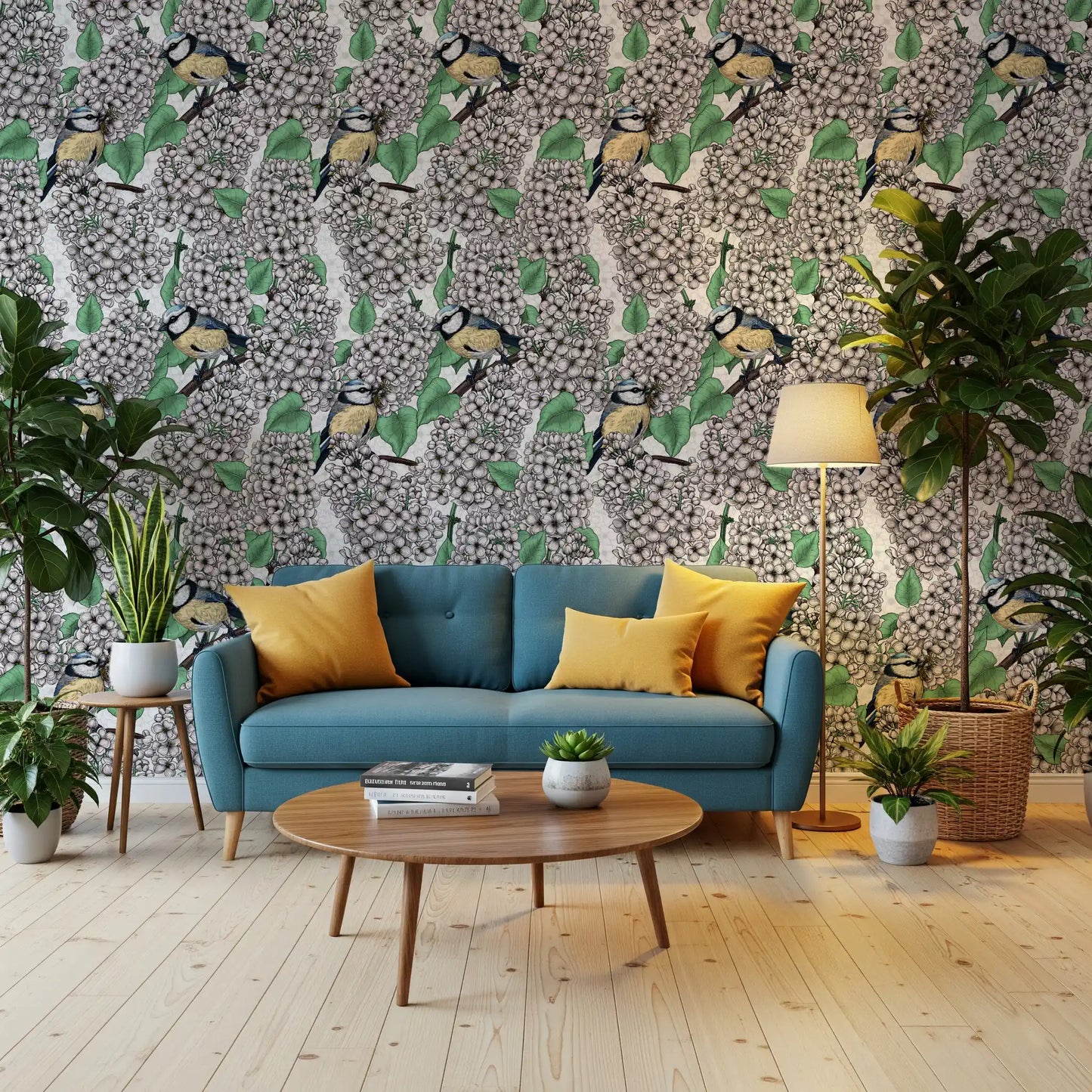 Birds in the lilac tree, white and green Wallpaper in a hallway.