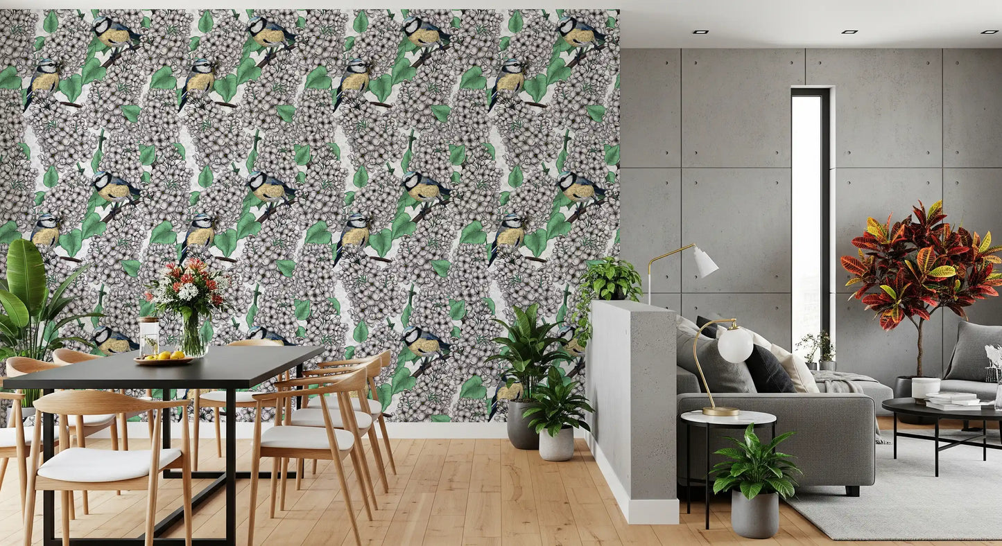 Detailed bird and white floral wallpaper for a apartment dining area.