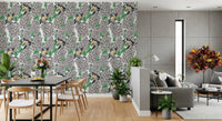 Detailed bird and white floral wallpaper for a apartment dining area.
