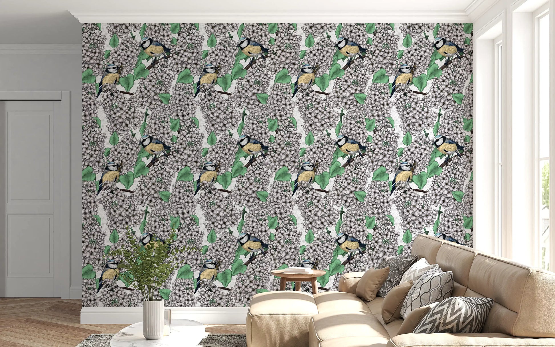 Nature inspired green leaf and white flower wallpaper for interior walls.
