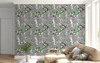 Nature inspired green leaf and white flower wallpaper for interior walls.