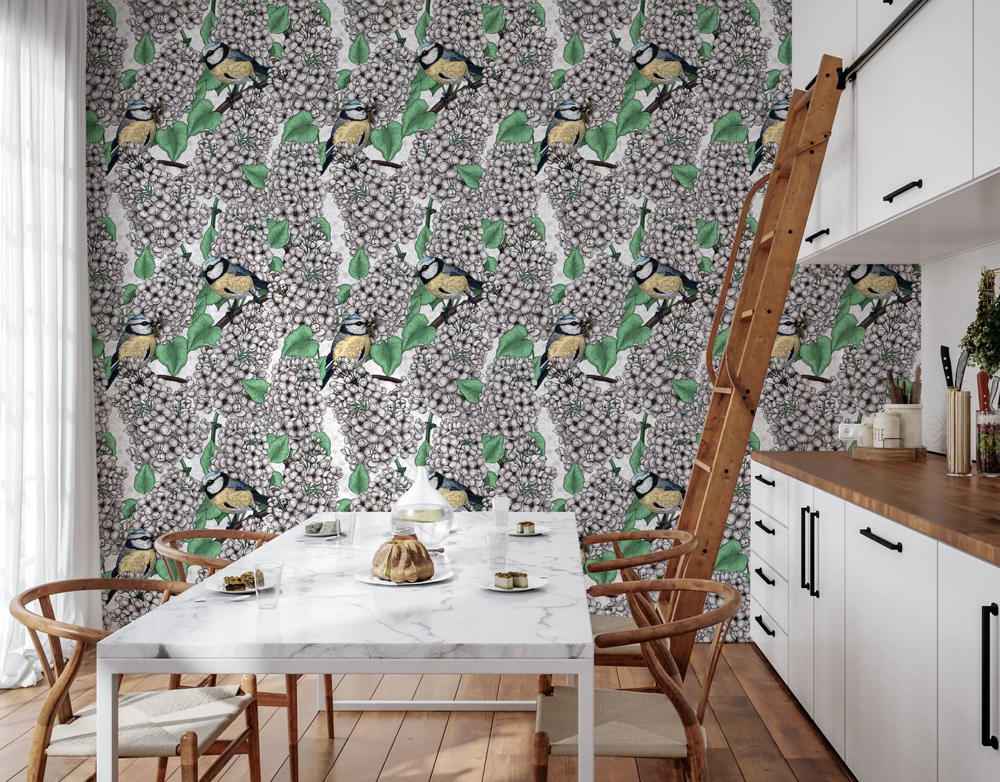 Green leaves and white lilac blossoms wallpaper with small blue birds.