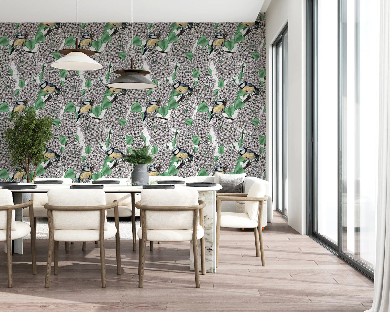 Hand-drawn birds in the lilac tree, white and green Wallpaper for dining space.