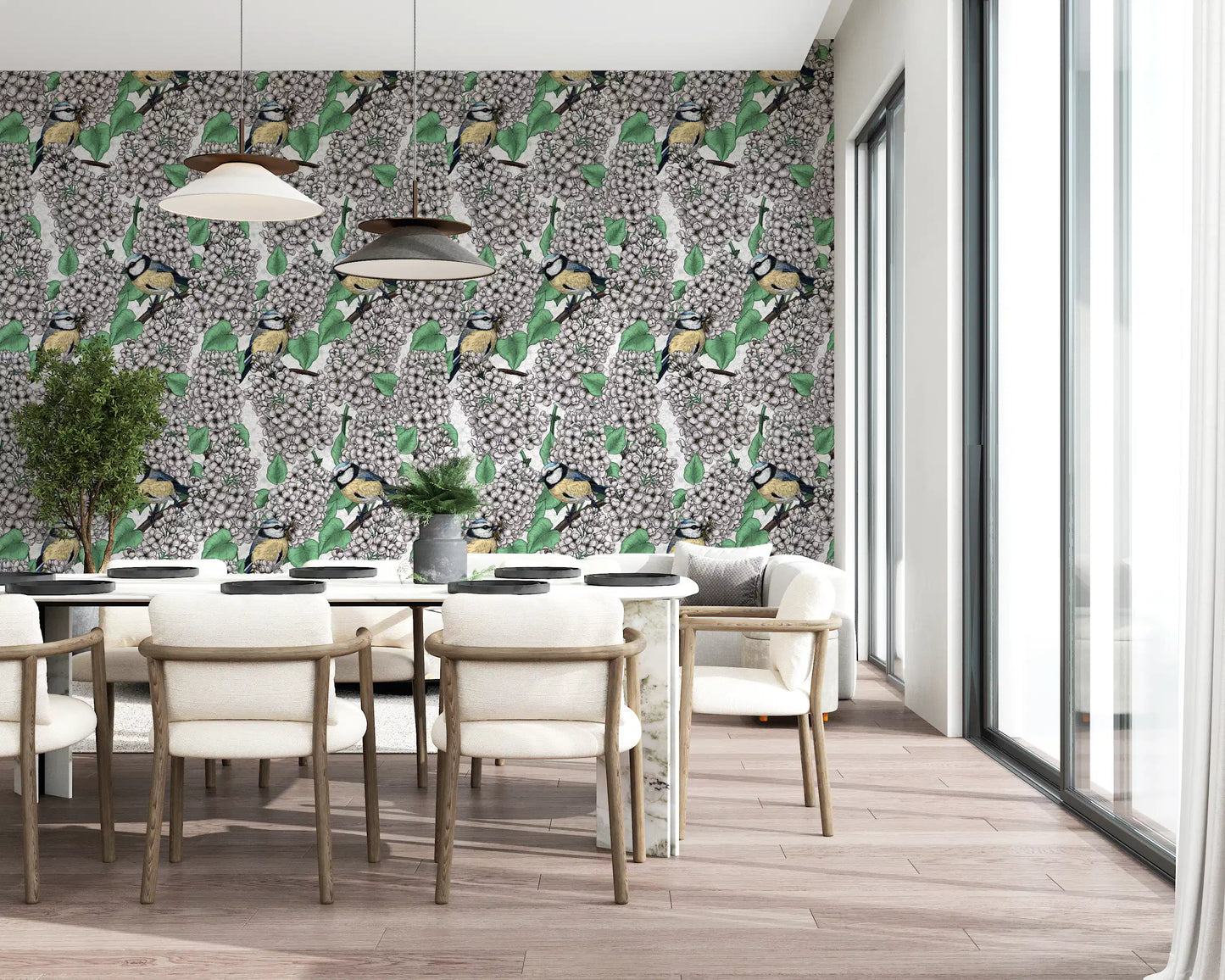 Hand-drawn birds in the lilac tree, white and green Wallpaper for dining space.