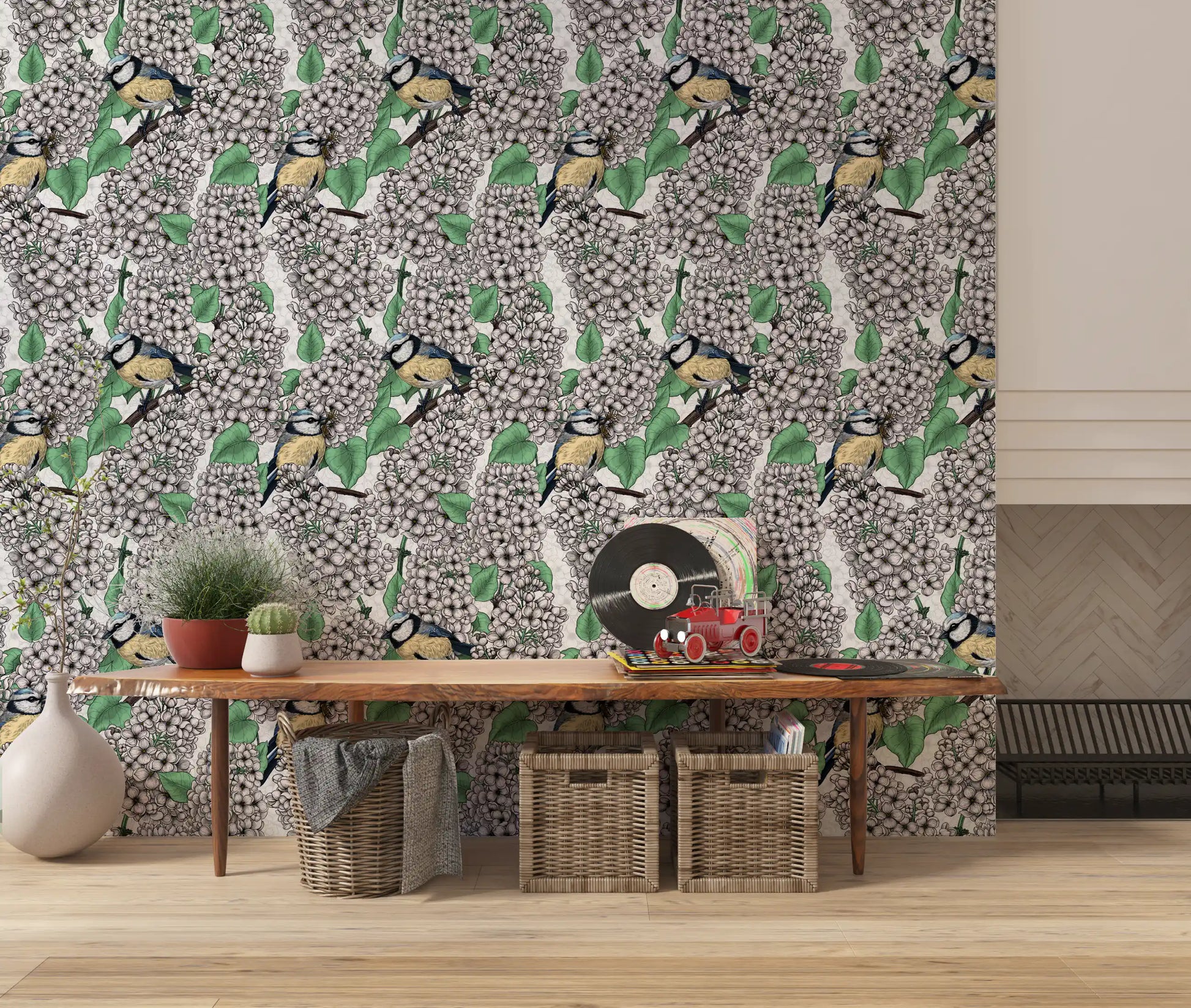 White floral pattern wallpaper featuring two small birds on brown branches.