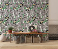 White floral pattern wallpaper featuring two small birds on brown branches.