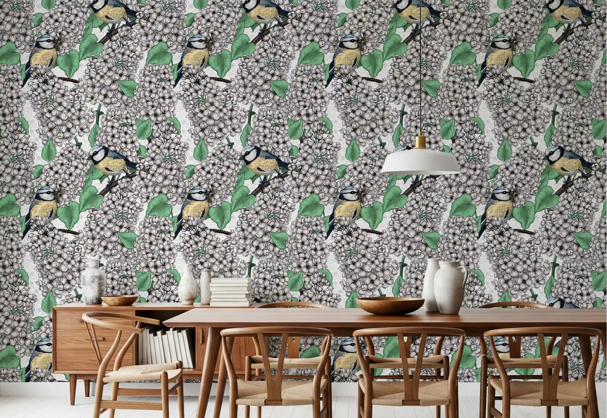 Birds in the lilac tree, white and green Wallpaper for a dining room., GD9830