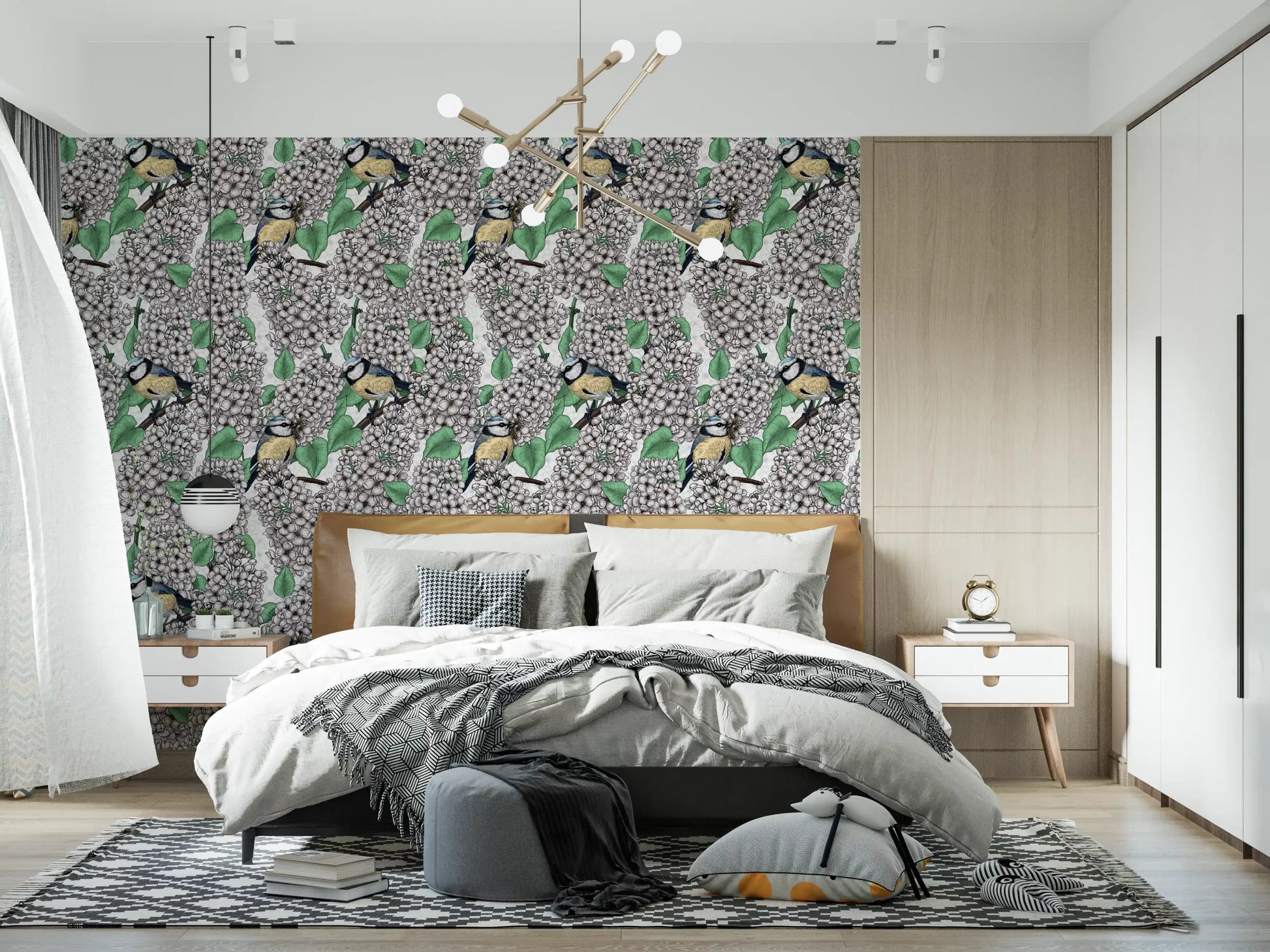 Yellow and blue bird illustration in white lilac flowers wallpaper.