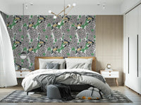 Yellow and blue bird illustration in white lilac flowers wallpaper.