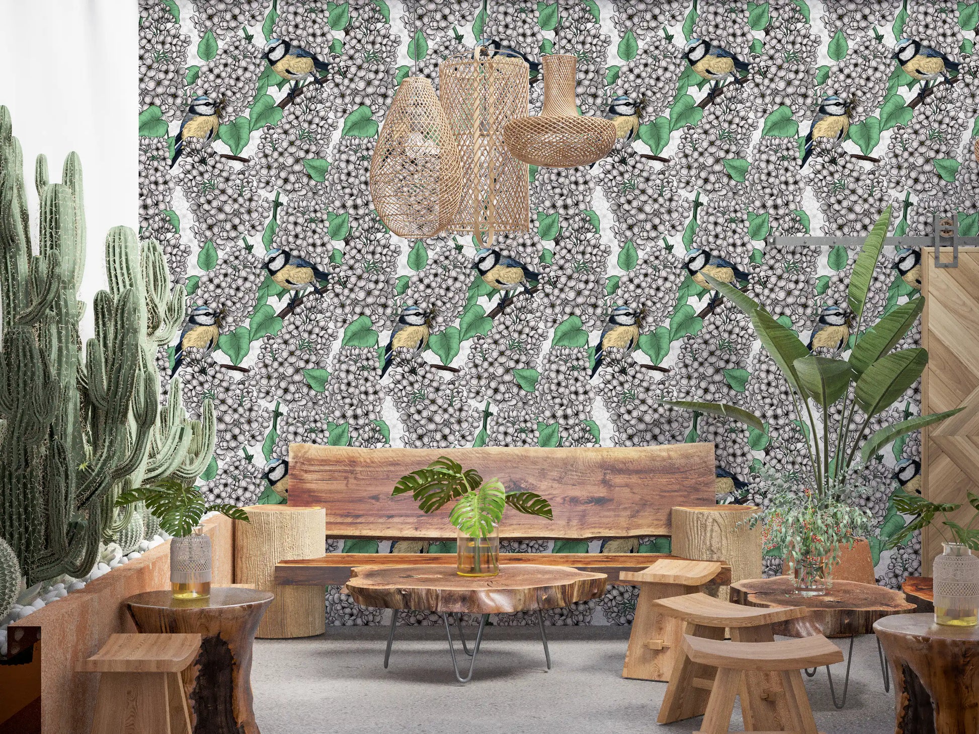 Lilac tree branch wallpaper with yellow and blue birds for a feature wall.