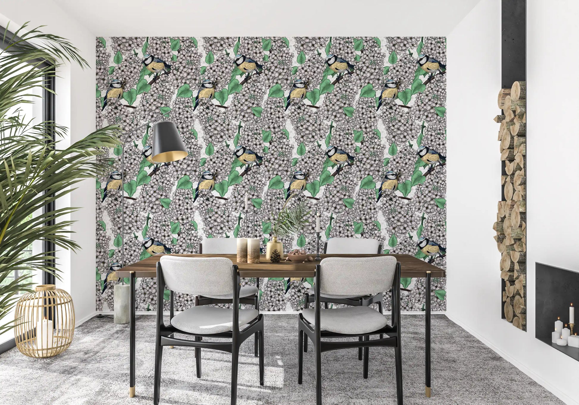 Etched style birds on a flowering tree branch wallpaper with green leaves.