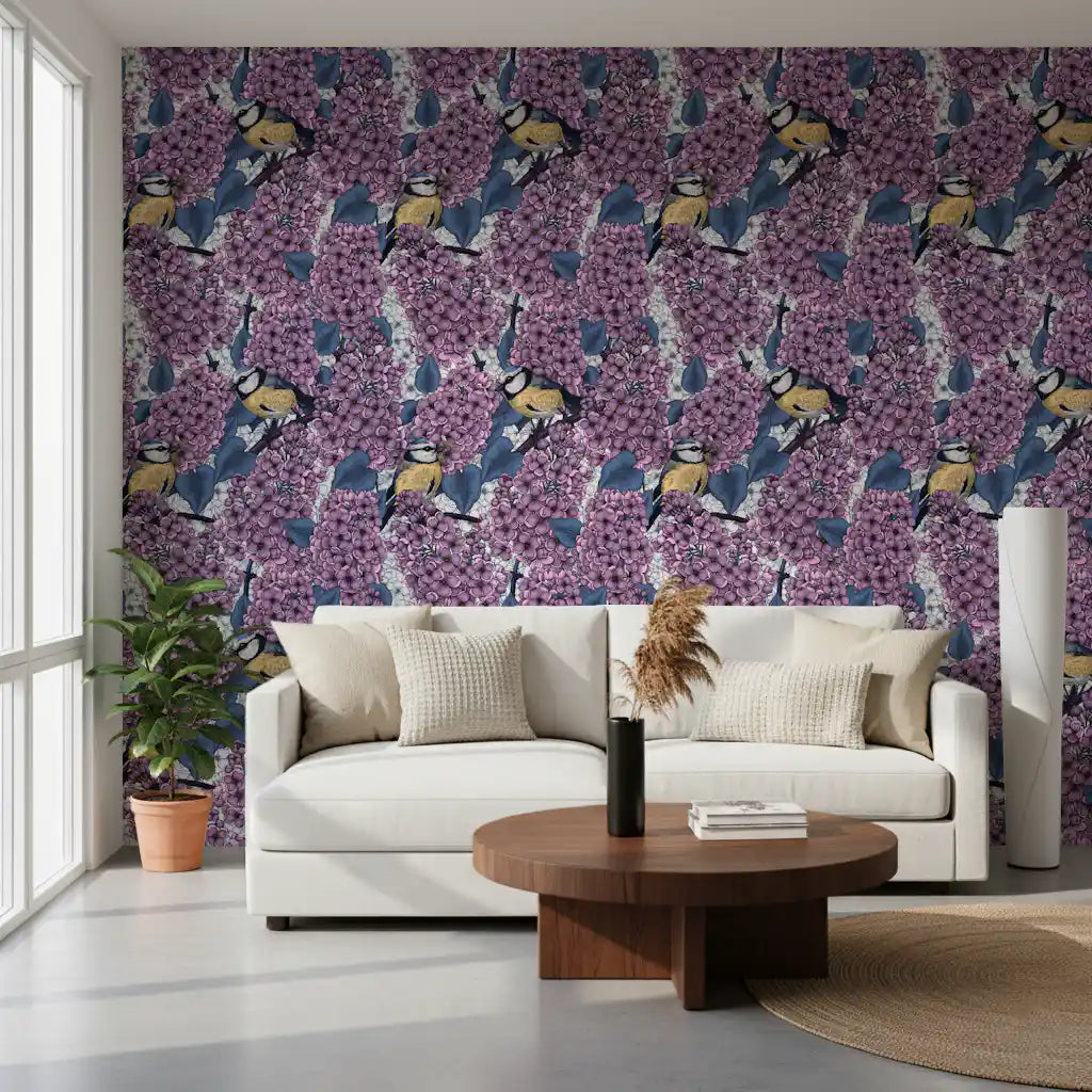 Birds in Violet Lilac Garden Wallpaper with dark blue leaves and lilac buds.
