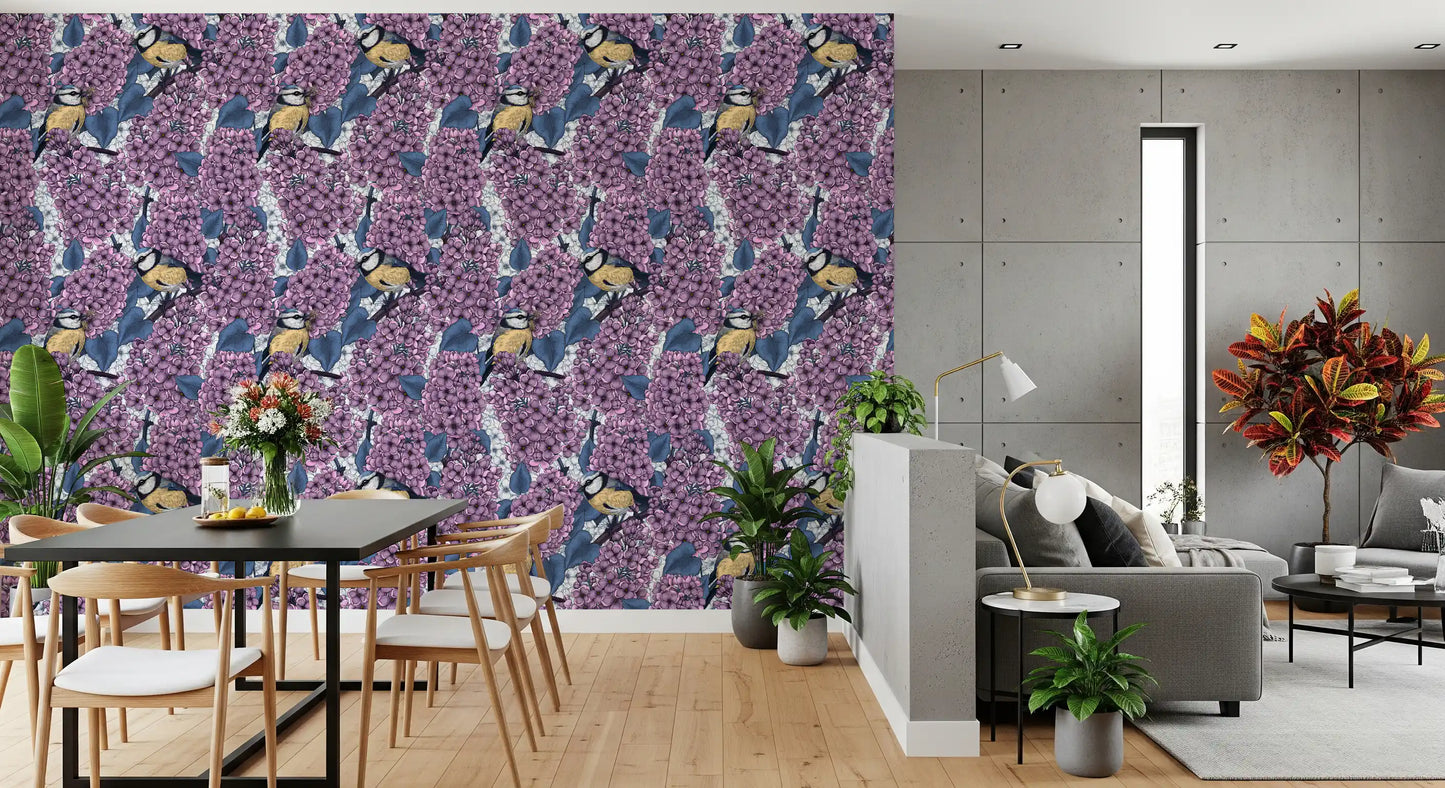 Violet floral wallpaper with vintage style avian illustrations for an dining area.