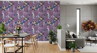 Violet floral wallpaper with vintage style avian illustrations for an dining area.