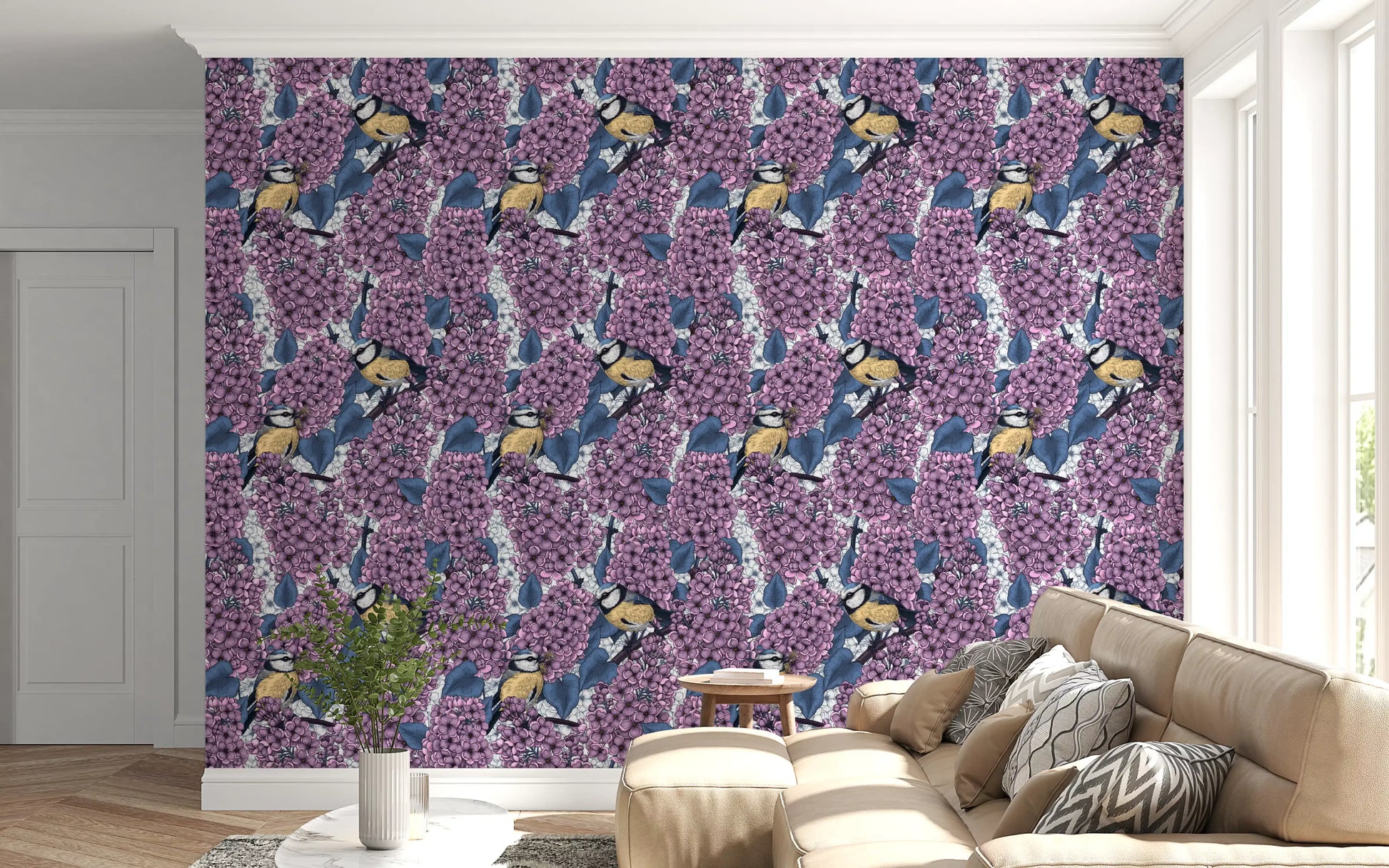 Violet floral wallpaper with hand-drawn purple clusters and blue leaves.