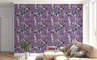 Violet floral wallpaper with hand-drawn purple clusters and blue leaves.