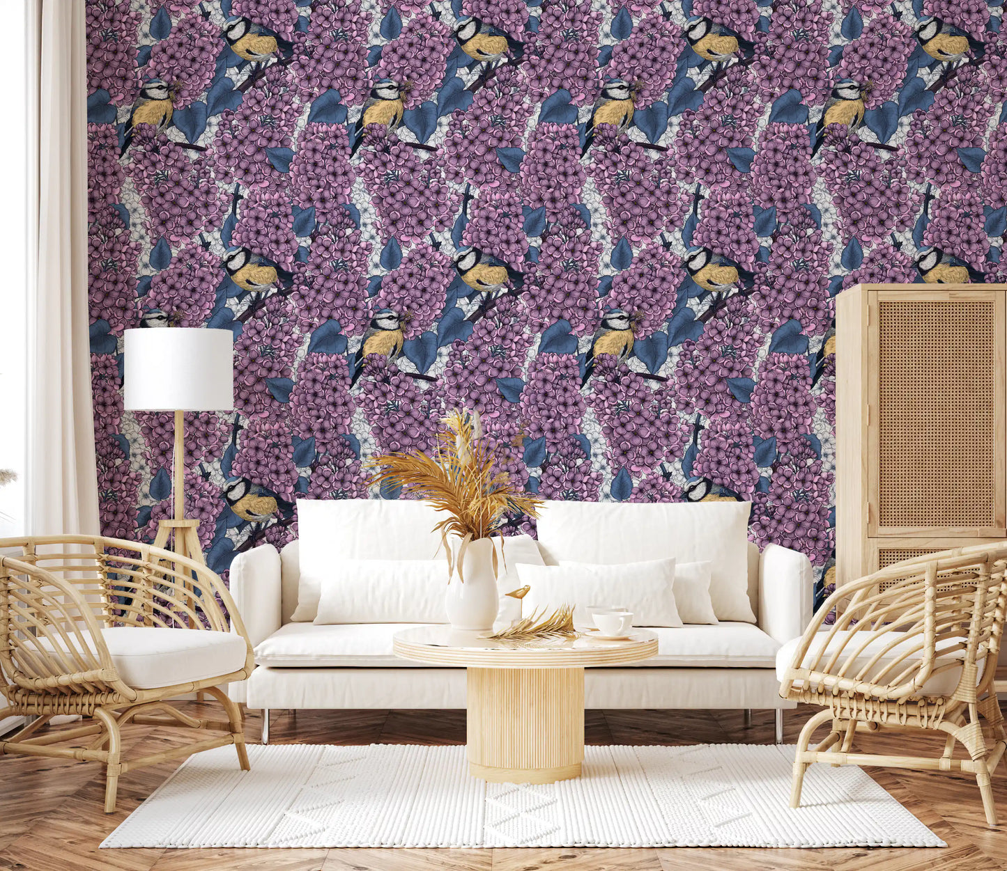 Lilac botanical wallpaper featuring small blue and yellow winged animals.
