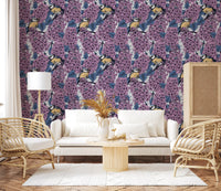 Lilac botanical wallpaper featuring small blue and yellow winged animals.