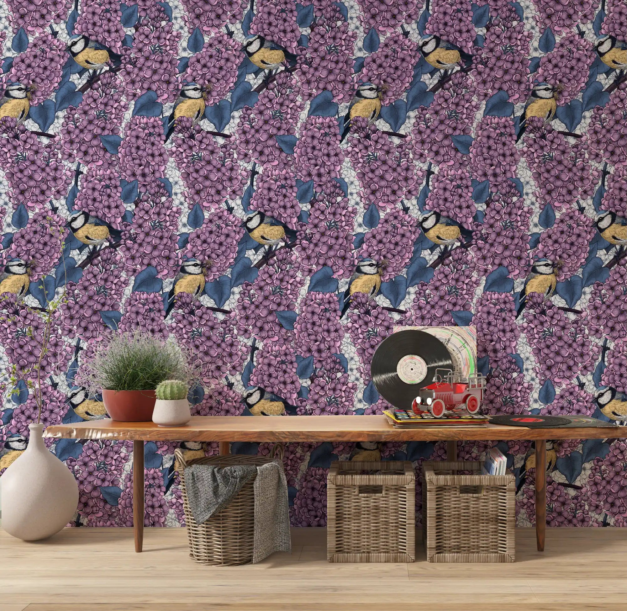 Birds in Violet Lilac Garden Wallpaper with purple blooms and blue birds for hallway., GD9831