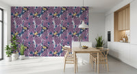 Lilac themed wallpaper with yellow-breasted creatures for a dining room.