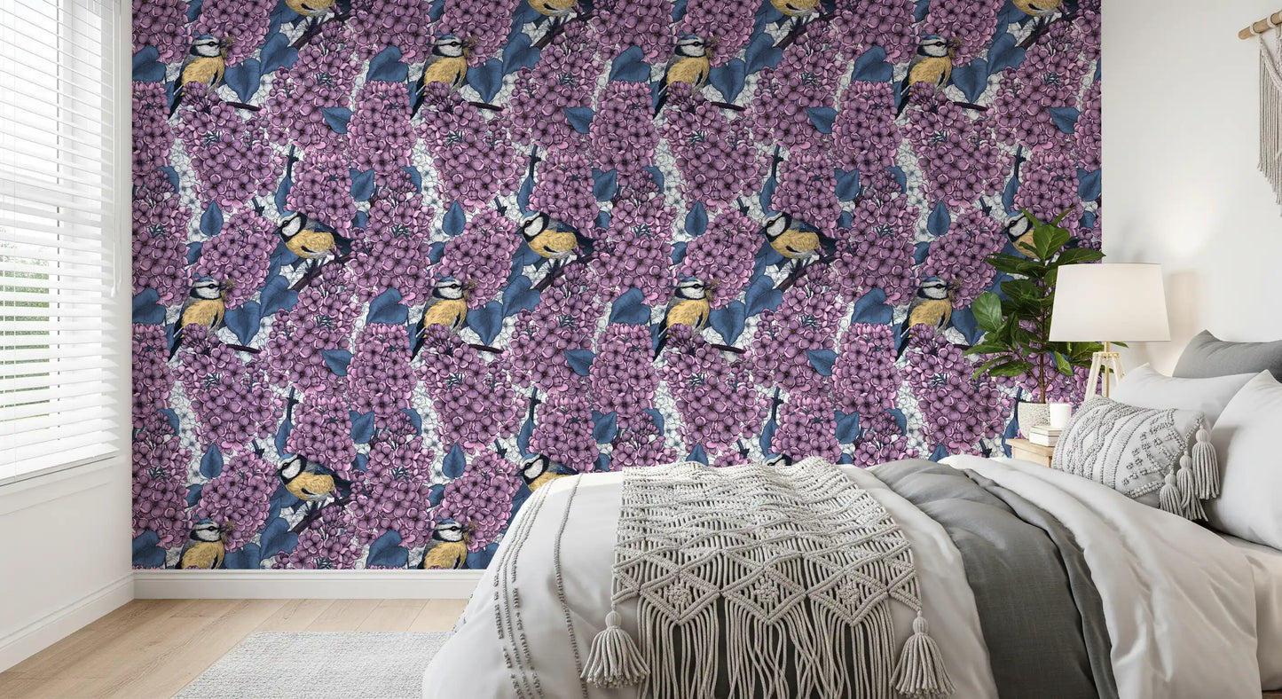 Detailed garden wallpaper with purple flowers for a master bedroom wall.