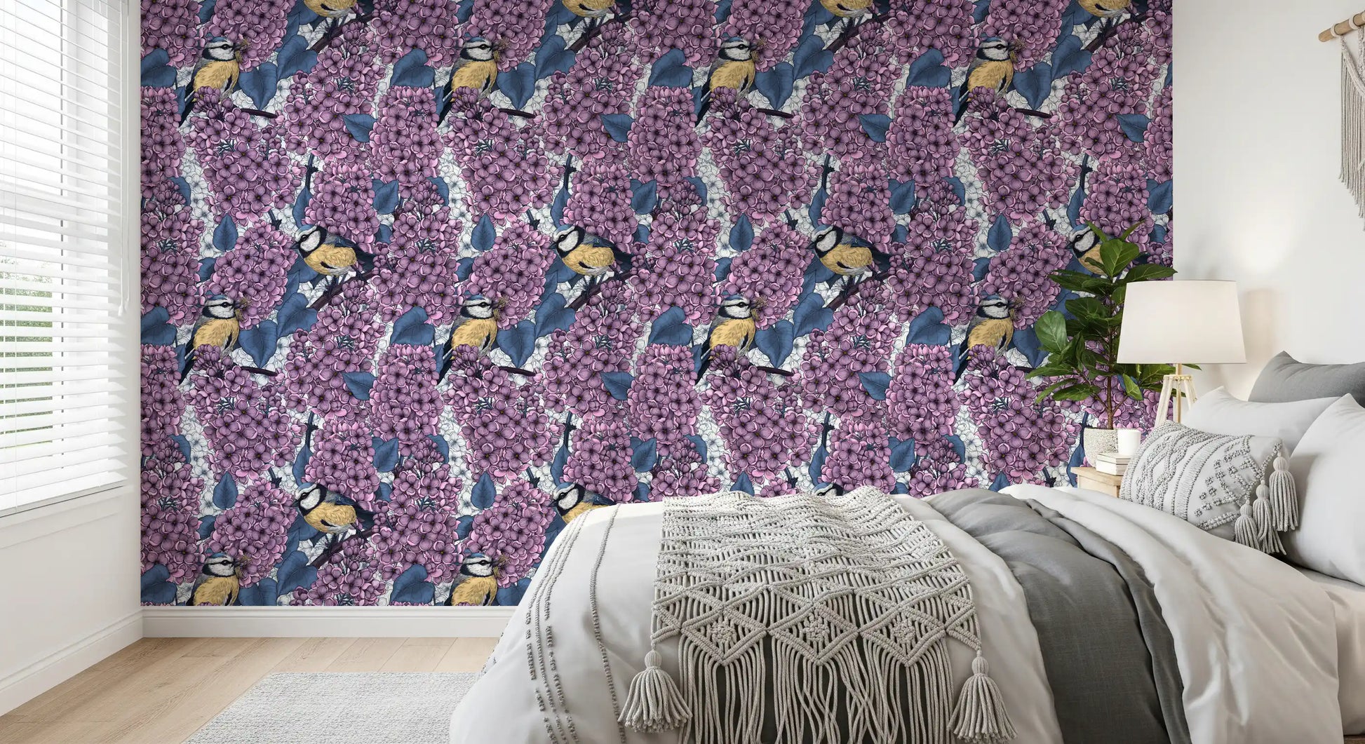 Detailed garden wallpaper with purple flowers for a master bedroom wall.