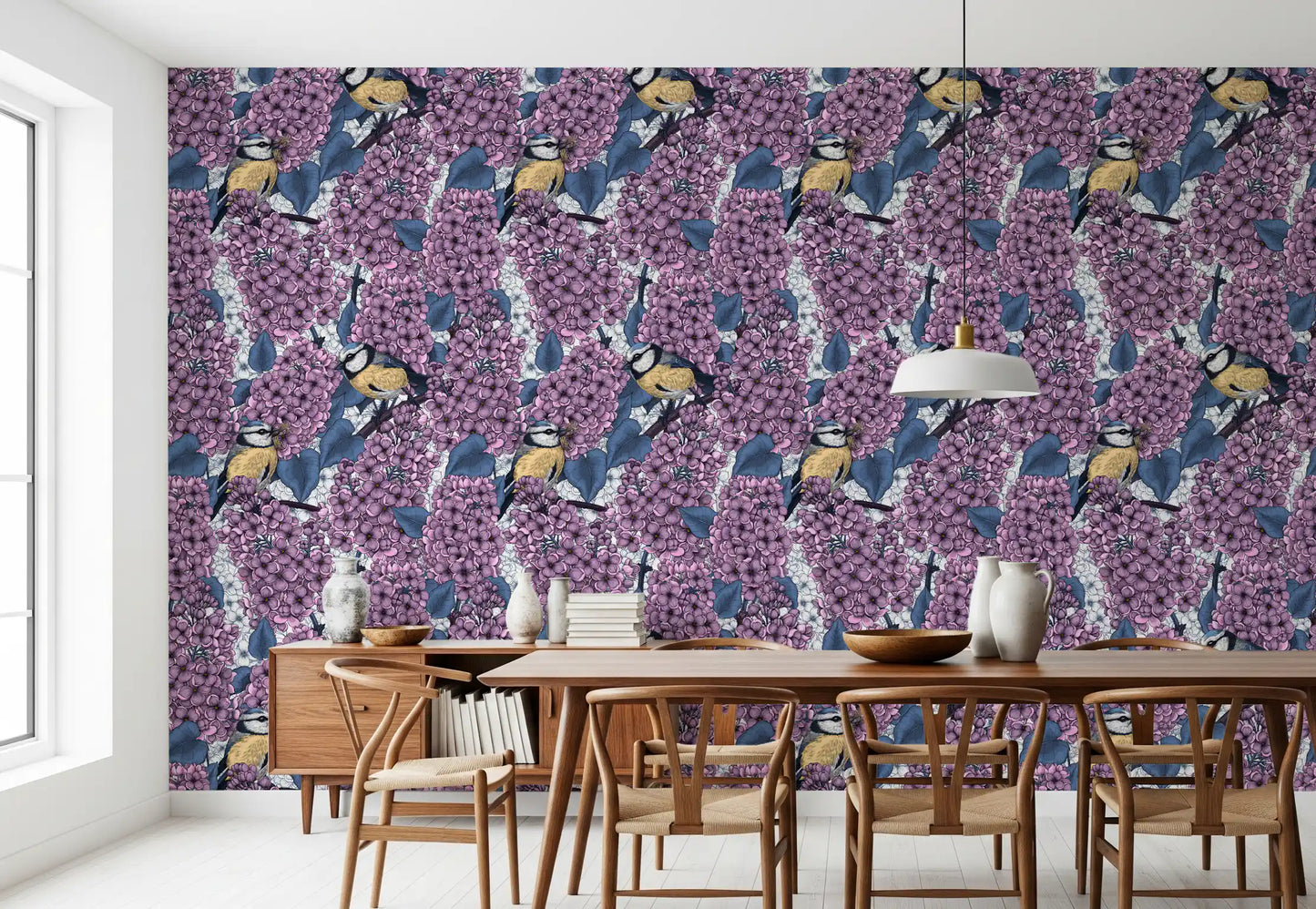 Birds in Violet Lilac Garden Wallpaper for a modern dining room design.