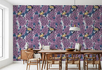 Birds in Violet Lilac Garden Wallpaper for a modern dining room design.