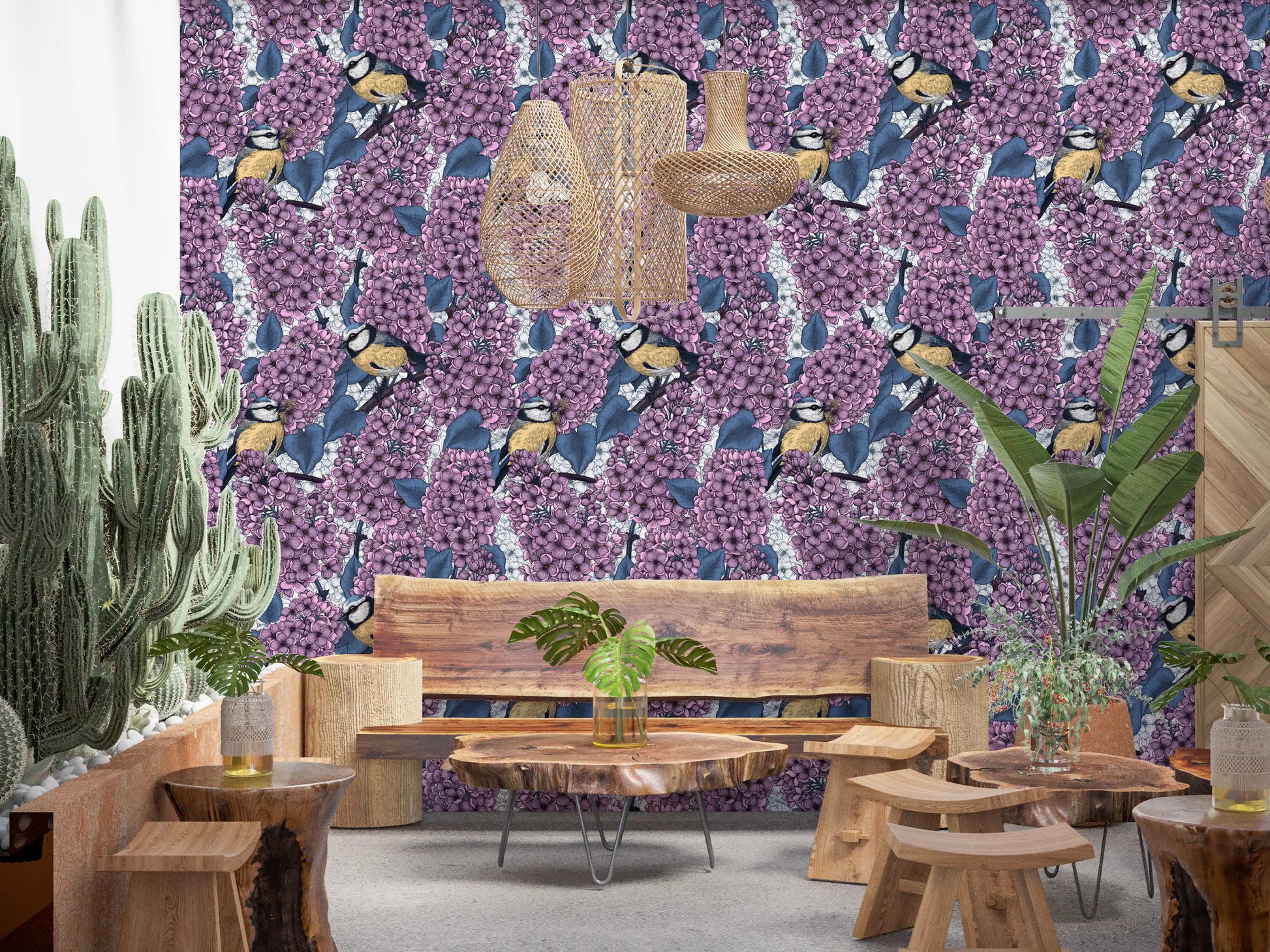 Blue and yellow birds on a purple botanical wallpaper with white background.