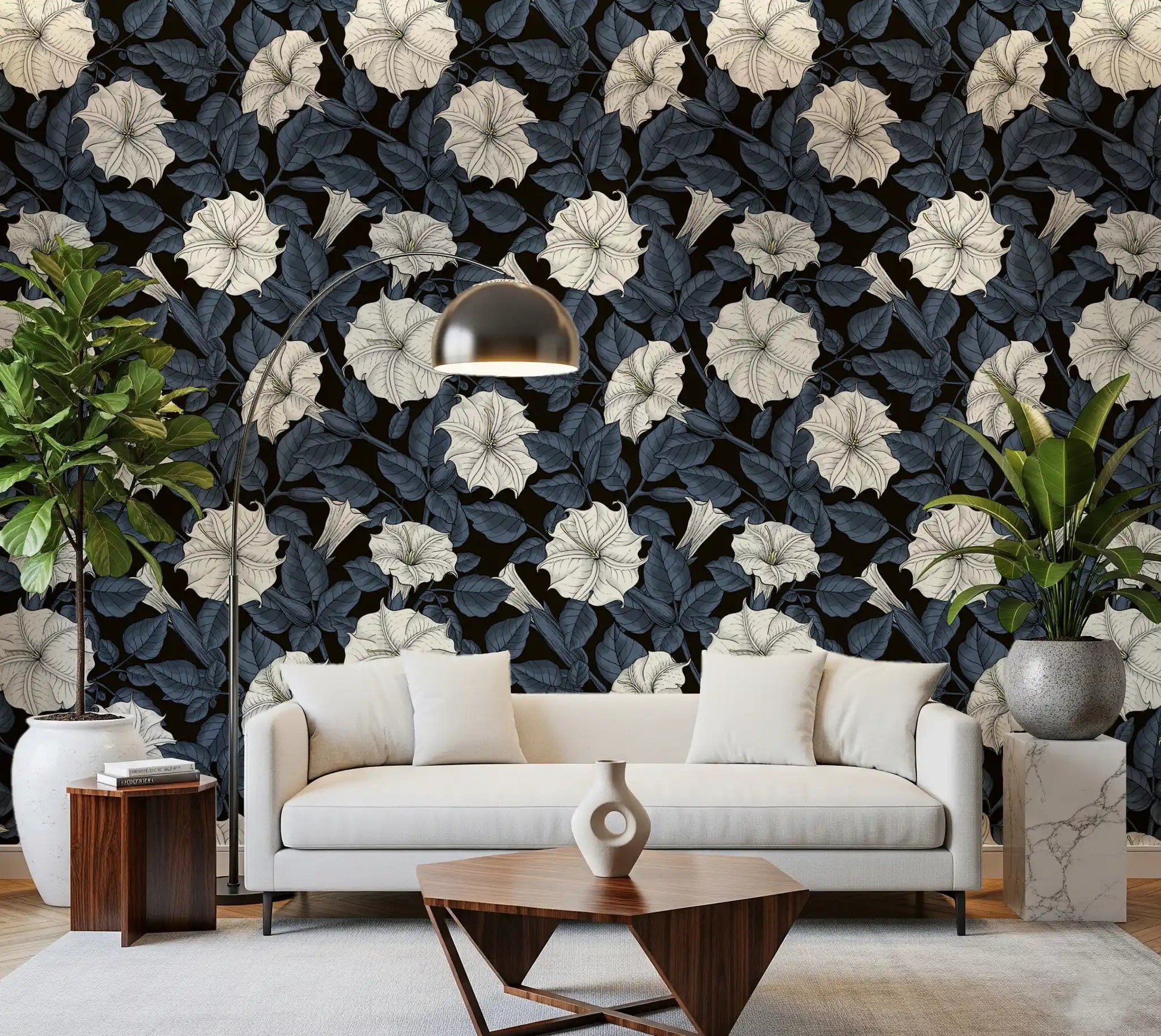 White Moonflowers Wallpaper with dark blue leaves and stems for living room.