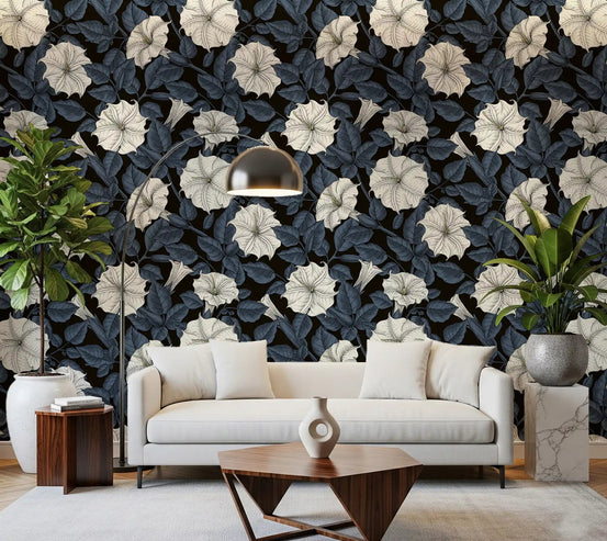 White Moonflowers Wallpaper with dark blue leaves and stems for living room., GD9832