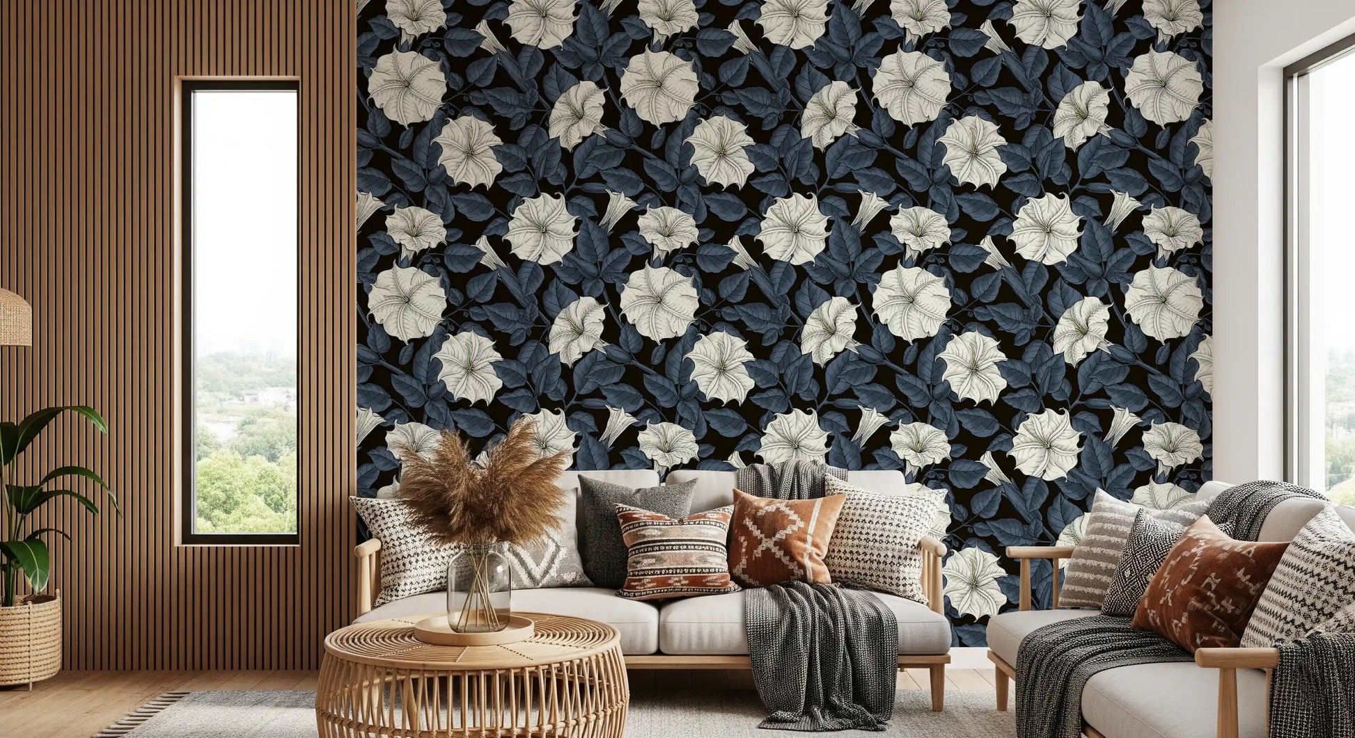 Living room wallpaper with dark blue foliage and white moonflower flower blooms.