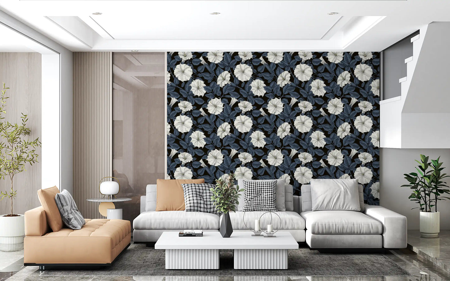 Moonflowers Wallpaper with hand-drawn white flowers and indigo leaf line details.